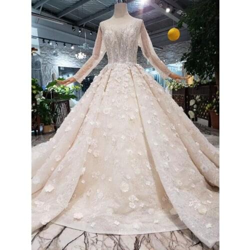 BGW HT4293 Luxury Handmade Wedding Dress 2020 O-neck Long Tulle Sleeve 3D Flower Corset Bridal Gown With Train Vestidos De Novia