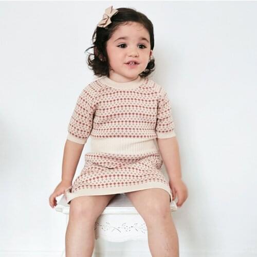 Baby Girls Short Sleeve Knitted Geometric Spring Autumn Cotton Soft Dress 2021 Ins European Style 3-6 Years Children Clothes Kid