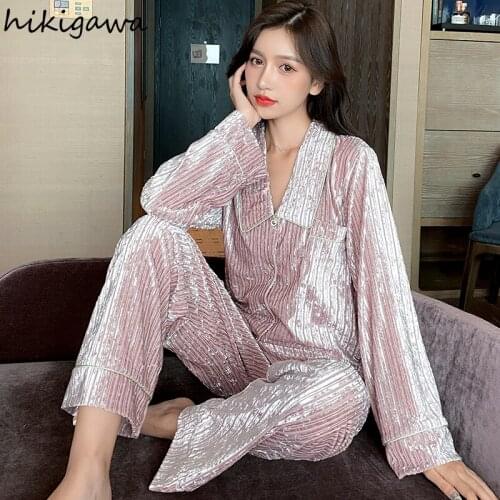 Hikigawa Women Pajamas Chic Velvet Nightwear Long Sleeve Trousers Suit Female Autumn Pijama Home Service Set Sleepwear 27a668