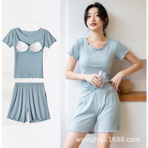 Summer New Short Sleeve T-shirt with Breast Pad Nightwear Knee Length Household Clothes Womens Pajamas Suit 2Pcs Set Sleepwear