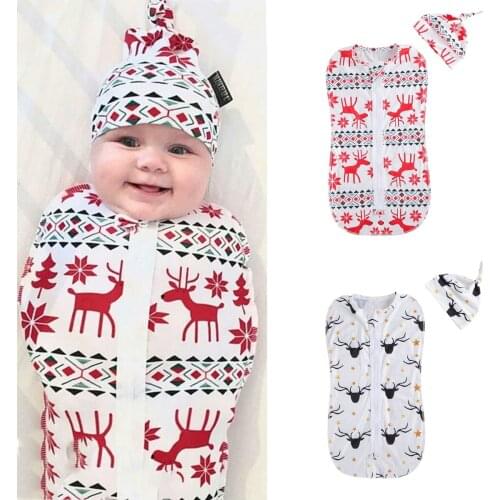2 Pcs Christmas Deer Zipper Sleeping Bag Set O-neck Elastic Baby Care Sleeping Pocket and Round Hat 0-6 Months