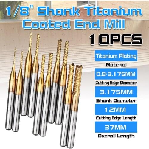 10Pcs 1/8" Shank Titanium Coated End Mill Carbide CNC Milling Cutter Router Bits