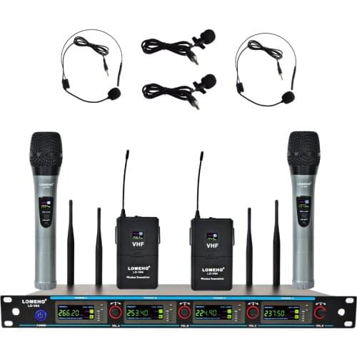 LOMEHO LO-V04 4 Channels 2 Handheld Mic and 2 Headset 2 Lavalier Karaoke KTV Party Church VHF Wireless Microphone for