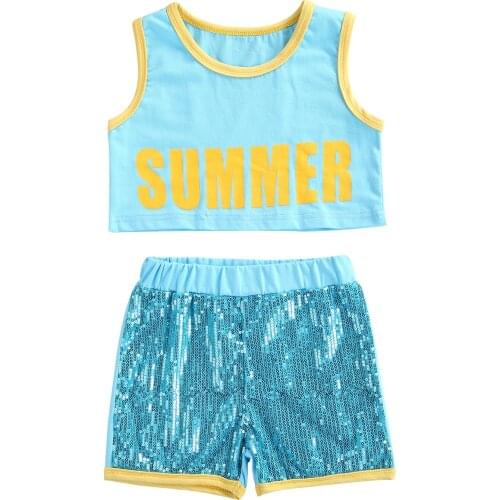 Fashion Kids Baby Girls Clothing Set Summer Girls Outfit Letter Sleeveless Vest Top Sequins Short Pants 2pcs