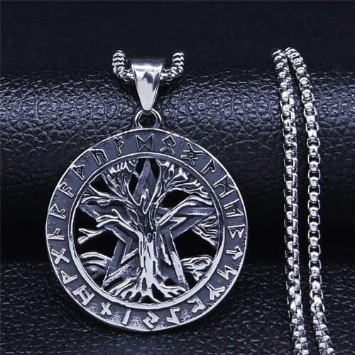 Divination Letters Viking Tree of Life Stainless Steel Necklace Silver Color Statement Necklaces Men Jewelry bisuteria NXS05