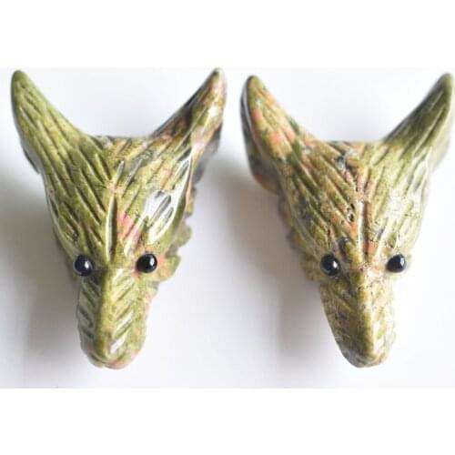 Wholesale 2pcs/lot Fashion natural flower green stone Carved Wolf Head shape Pendants for Necklace jewelry making free