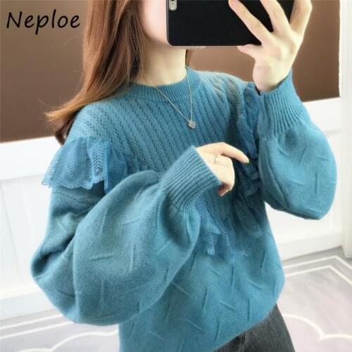Neploe Korean Style Autumn Sweater O Neck Long Lantern Sleeve Patchwork Lace Solid Color Pullover Women Fashion Sweet Tops 2021