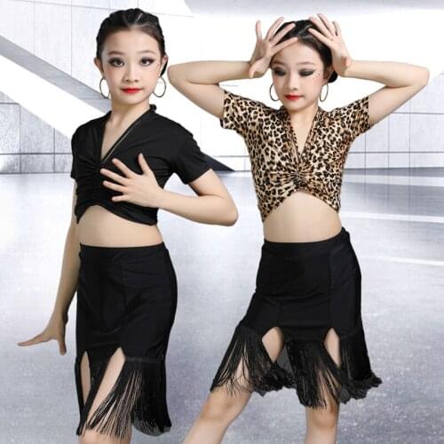 Leopard Print Latin Dance Dress Performance Kids Sexy Tops Ballroom Samba Tassel Dancing Skirt Practice Costumes Dancewear Sets