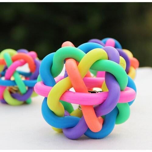 Colorful Knitting Knot Ball Pet Chew Toy Cat Dog Squeaky Sounding Teeth Cleaning Rainbow Rubber with Bell Interactive Toy
