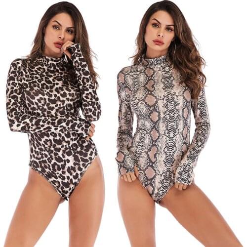Sexy Women Round Collar Slim Oversized Printed Leapord Bodycon Jumpsuit Bodysuit Long Sleeve Shorts Romper Bodysuit