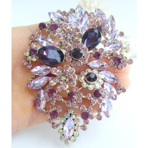 Pretty 4 Inch Purple Rhinestone Crystal Flower Brooch Pin Pendant EE03905C6