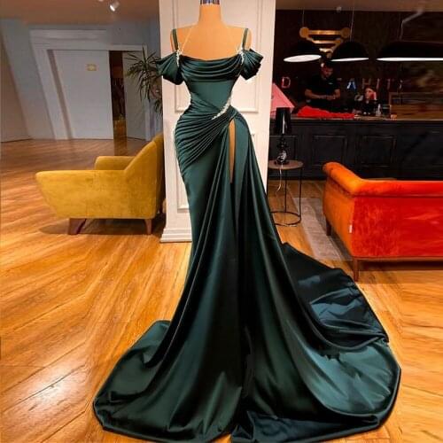 Spaghetti Strap Stain Evening Dresses Long 2021 Green Off-The-Shoulder Prom Gowns mermaid Side Split Custom vestido de fiesta