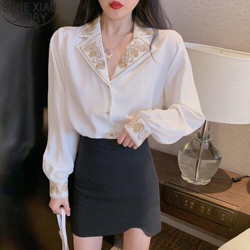 Floral Embroidery vintage Long Sleeve Tops Designer shirts women Elegant Blouse Casual French Korean office ladies Tops 12479