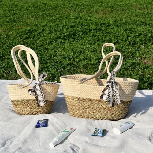 Large-Capacity Lace Bow Straw Woven Bags for Women Picnic Food Basket Tote Bohemia Travel Beach Bags Lady Shoulder Handbags
