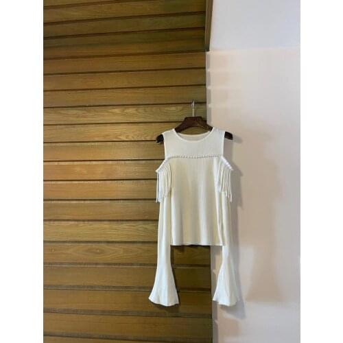 Ladies 2021 fashion new horn long sleeve sexy casual solid color hand-buttoned fringed off-shoulder pullover 1228