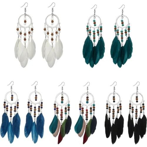 2020 New Women Earring Drop Bohemian Fashion Retro Fairy Temperament Feather Tassel Multicolor Bead Long Dangle Earrings