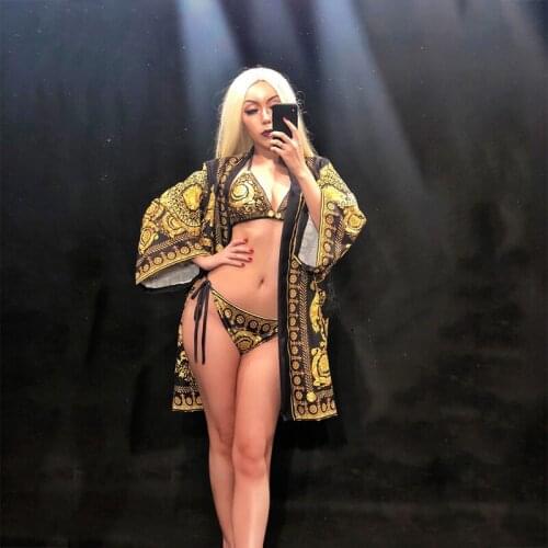 Dj Nightclub Gold Flower Printing Bikini+Coat Women Sexy Bling Clothing Fashion Show Stage Wear Costumes Beach Party Bodysuit