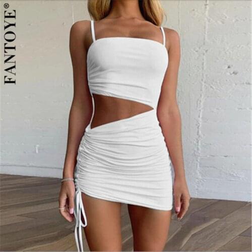 Fantoye Bodycon Backless Hollow Out Drawstring Women Dress White Spaghetti Strap Dress Ladies Summer Slim Ruched Party Clubwear
