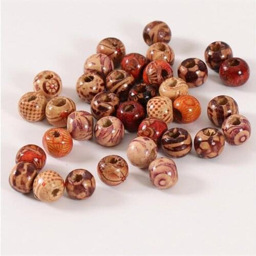 100pcs/lot new retro print flower round wood beads diy bracelet accessories jewelry making findings loose beads big hole beads
