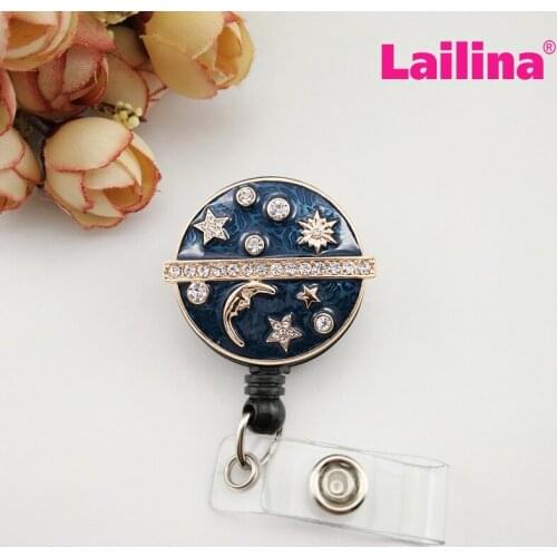 20pcs New Design Round Shape Moon Galactic Star Moon Cosmic ID Badge Reel Crystal Enamel High Quality Name Card Holder