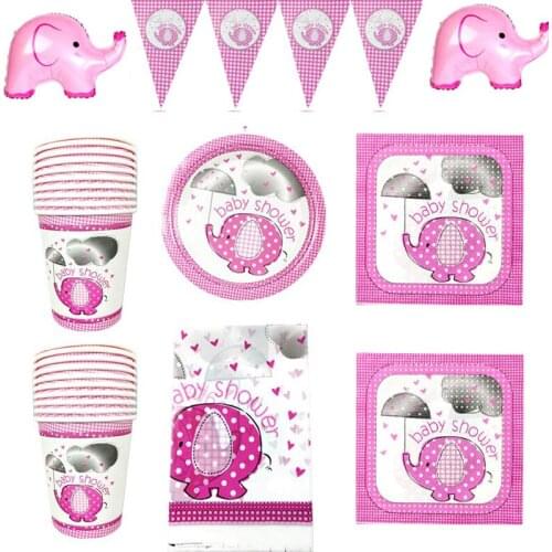 56pcs/lot Happy Birthday Party Elephant Theme Plates Cups Banner Boys Favors Baby Shower Dishes Napkins Aluminum Foil Balloons