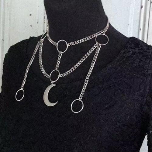 Retro Hip hop Silver Color Tassel Chain Statement Necklaces Exaggerate Geometric Circles Moon Necklace Pendant For Women Jewelry
