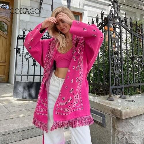 COKAGO Colorful Print Cardigan For Women Kniited Sweater Loose V Neck Full Sleeve Warm Cardigans New Womens Winter Coats 2021