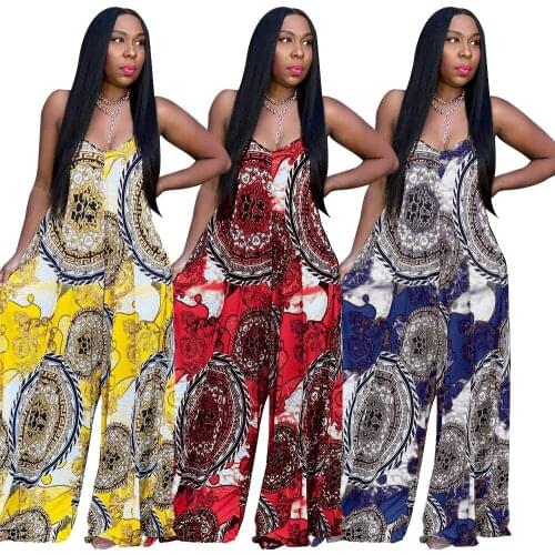 Bohemian Style Womens Clothing Wholesale Fashion Urban Casual Sexy Printed V Neck Suspenders Open Back Long Loose Jumpsuit