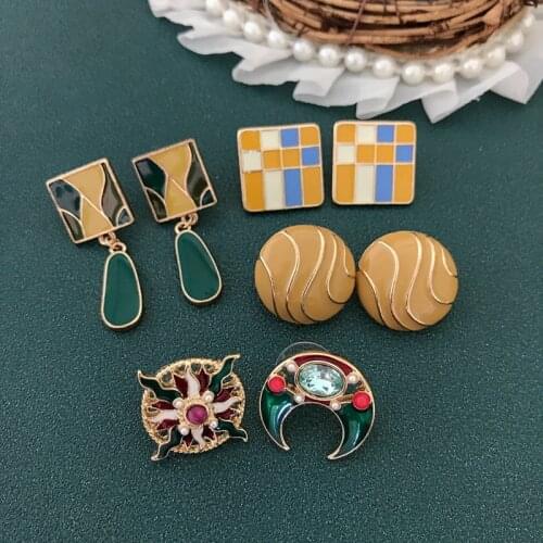 Square Round Moon Star Enamel Stud Earrings Graffiti Vintage Fashion Drop Dangle