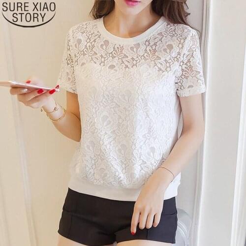 Fashion White Blouse Women Summer Short Sleeve Shirt Tops 2021 New White Round Collar Bottoming Shirt with Lace Blouses 14413