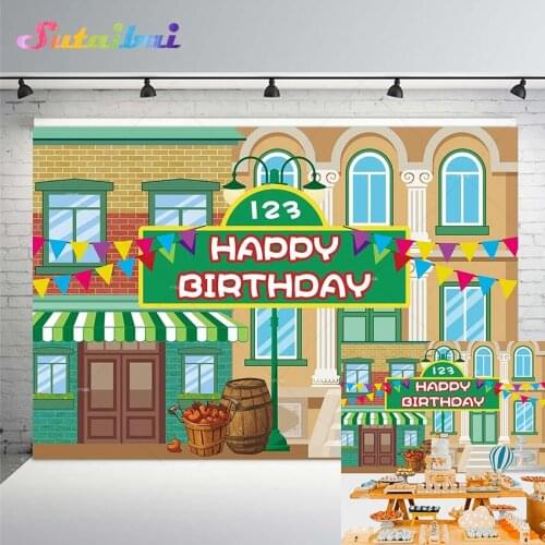 Cartoon Street Happy Birthday Backdrop Photography for Boys Girls Photo Booth Prop Cake Table Decoration Party Banner Background