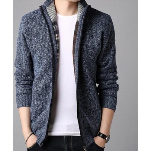 Men Autumn Winter Trench Coat Jacket Thick Knitted Sweater Coat Long Sleeve Stand Collar Zipper Slims Fit Outerwear