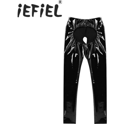 Fashion Female Women Lingerie Patent Leather Open Crotch and Open Butt Pants Skinny Stretchy Legging Trousers for Nightwear