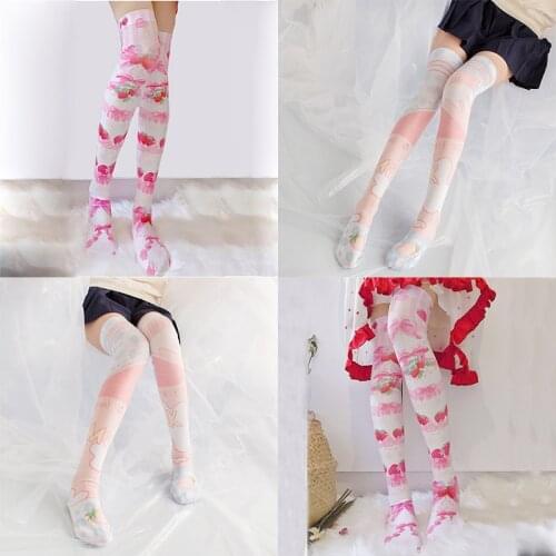 New Fashion Sexy Women High Knee Christmas Silk Stockings 3D Printed Cute Strawberry Pink Cosplay Thin Stockings Girl Gift