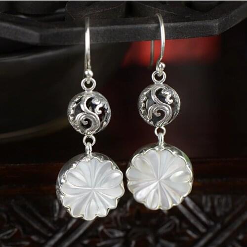 Ornaments wholesale archaize hollow-out Thai silver shell carving flower earrings the earrings manufacturers selling
