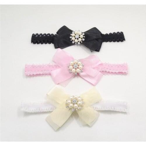 15pcs/lot Pink Newborn Girl Lace Headband with Imitation pearls Flower Black Light Yellow Delicate Kid Sweet Stretch Hairband