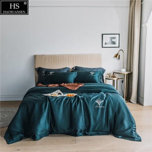 Proud Blackish Green 4Piece Bedding Sets Tencel Lyocell Silky Soft Pillowcase Duvet Cover Bed Sheet Delicate Hot Drilling Orchid