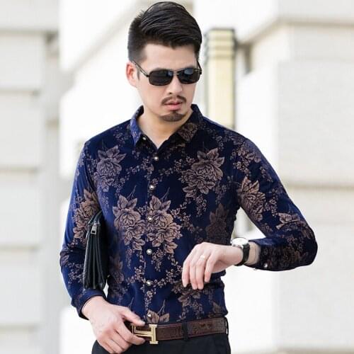 New Trendy 2017 Flower Shirt Men Floral Printed Velvet Slim Fit Long Sleeve Man Velvet Shirts top quality