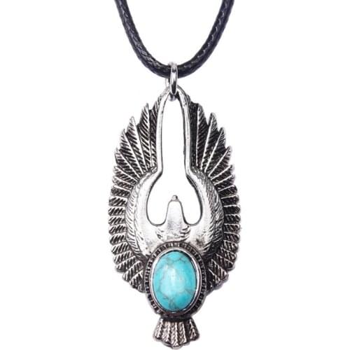 Silver Plated Flying Eagle with Oval Green Turquoises Stone Pendant Black Rope Chain Necklace for Gift Animal Jewelry