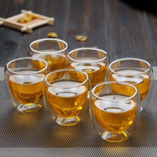 6pcs Double Wall Glass Tea Cup Crystal Clear Heat Insulated 80ml Kung Fu Teacup Household Drinkware