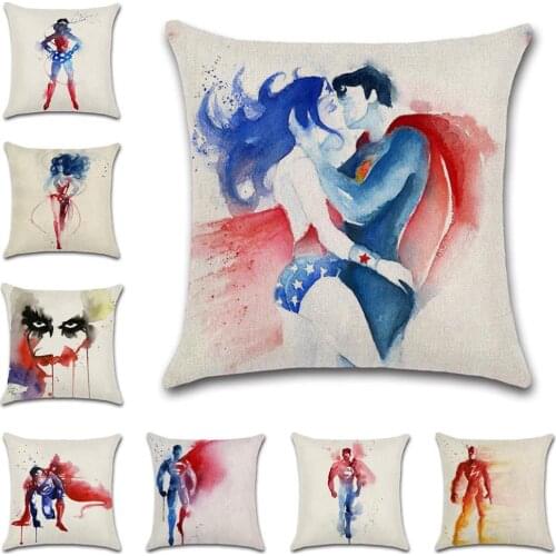 Superhero Water Ink Printed Beige cotton linen Cushion cover Pillowcase decoration for home sofa chair kids girl bedroom gift