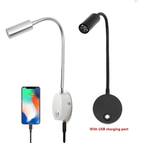 3W LED Hose Wall Light USB Charging Port Hotel Guest Room Reading Touch Dimming Bedroom Lamp Bedside Spotlight Black Silver
