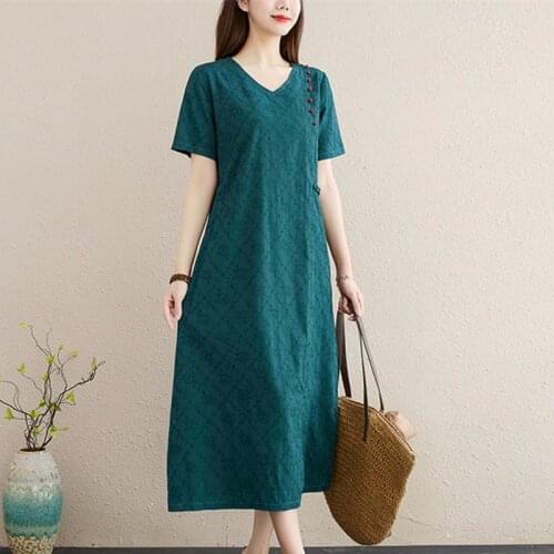 Vintage Chinese Style Dress 2021 New Arrival Short Sleeve Loose Summer Dress Cotton Linen Jacquard Holiday Travel Casual Dress