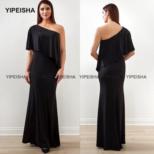 Yipeisha Black Plus Size Mother of Bride Dress One-shoulder Jersey Evening Party Gown Beaded Floor Length Mermaid Formal Dress
