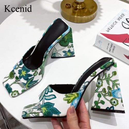 Kcenid Strange High Heels Women Mules Summer New Square Toe Colorful PU Leather Ladies Shoes Woman Slippers Sexy Party Slides