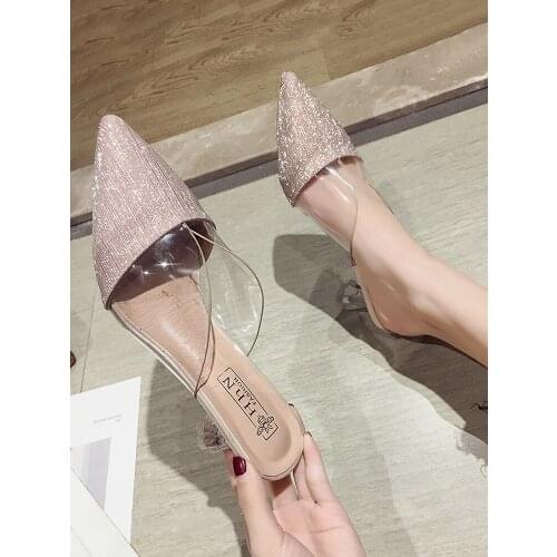 Womens shoes and slippers wear the new spring sharp transparent plastic stitching suede sequins high heels in 2019