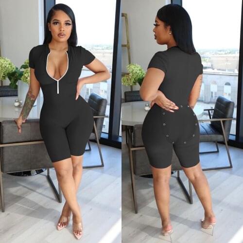 Sexy Open Hip Short Jumpsuit Booty Zipper V Neck Playsuit Casual Short Sleeve Rompers Bodysuit Women Summer Clothing 2021