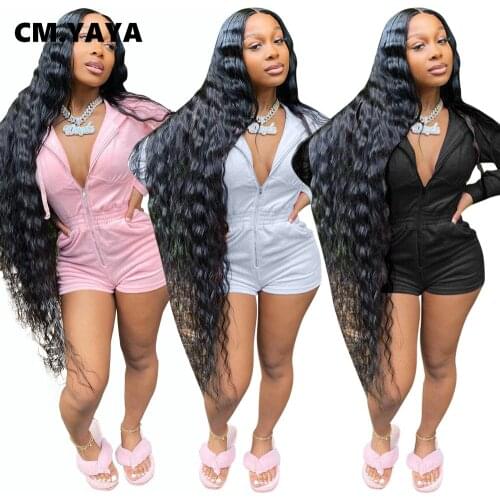 CM.YAYA Hooded Active Wear Women Long Sleeve Zipper Up Bodycon Moto Biker Bodysuit Jumpsuit Sports One Piece Romper Playsuit