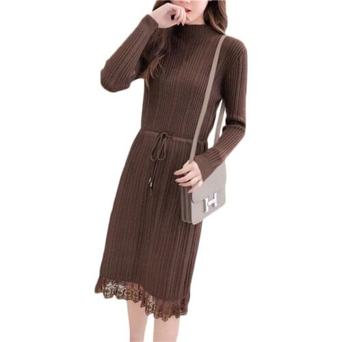 Lace Bottom Dress Women Spring Autumn 2019 Korean Midi Sweater Dresses Womens Long sleeve Pullover O neck Dresses Vestidos F168