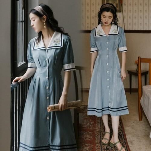 Preppy Style Dress Women French Vintage Elegant Dress 2021 Summer Short-Sleeved Lapel Embroidery Ladies Vestido Temperament